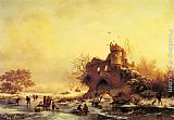 Winter Landscape with Skaters on a Frozen River beside Castle Ruins